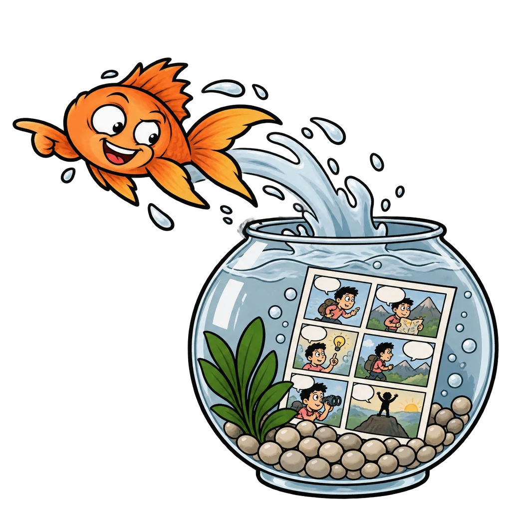 Après avoir lu la planche de BD posée dans son bocal, un poisson rouge s’en échappe d’un bond.